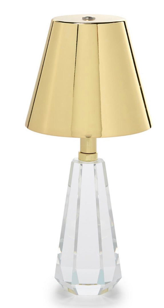 Faceted Crystal-Style Glass LED Portable Cordless Table Lamp with Gold Metallic Shade in Gift Box