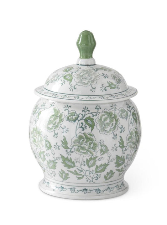 14.75 Inch Green & White Floral Ceramic Ginger Jar