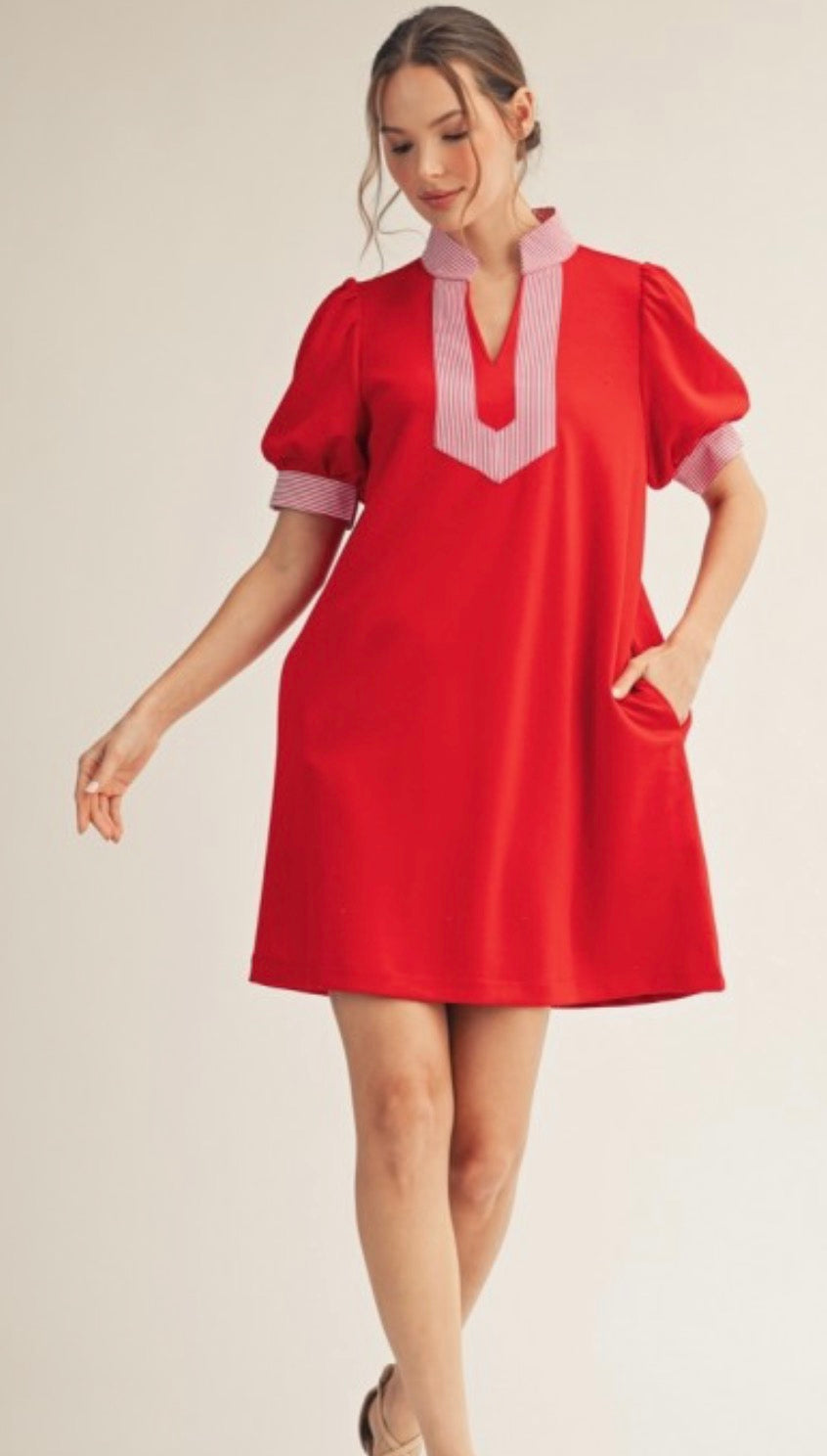 Red stripe contrast solid dress
