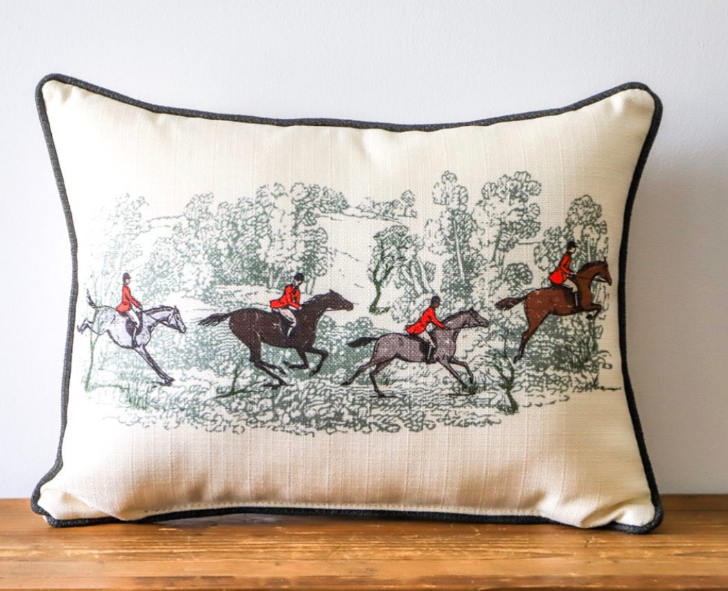 FOX HUNT HORSEBACK RIDERS PILLOW with Black Piping