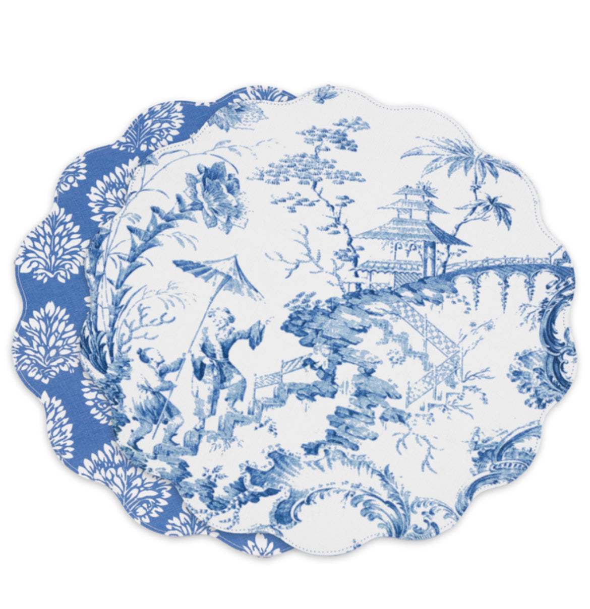 VIDA Chinoiserie Reversible Round Placemats Set of 4 (Blue & White)