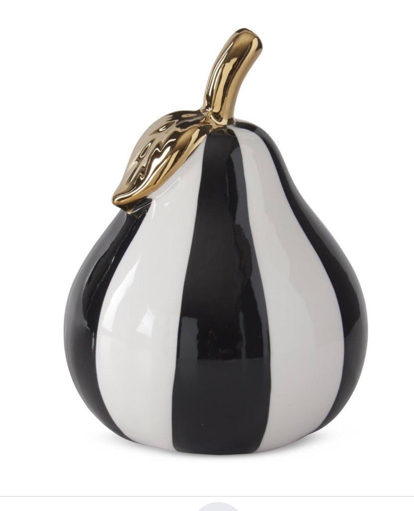 6 Inch Black & White Striped Ceramic Pear w/Gold Accents