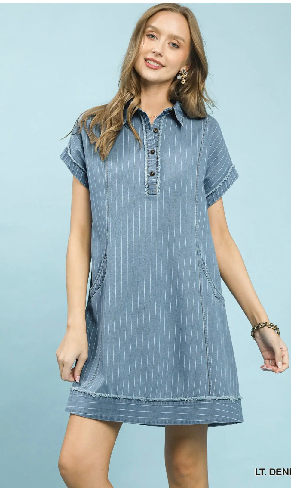 Denim Pinstripe Polo Collar Casual Mini Dress