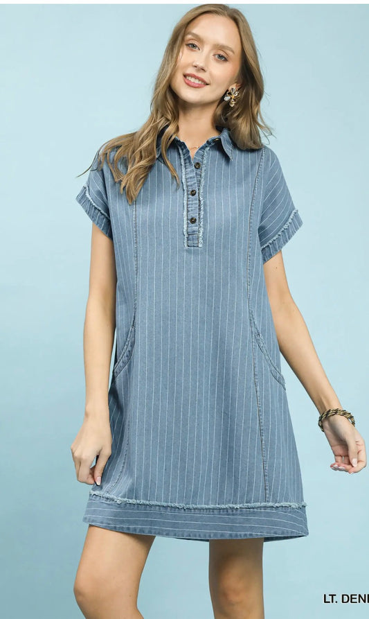 Denim Pinstripe Polo Collar Casual Mini Dress