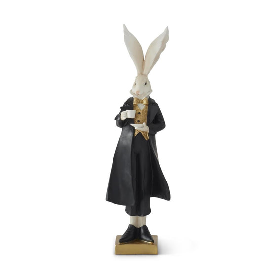 18.25 INCH RESIN BLACK WHITE & GOLD EASTER BUNNY W/TEACUP