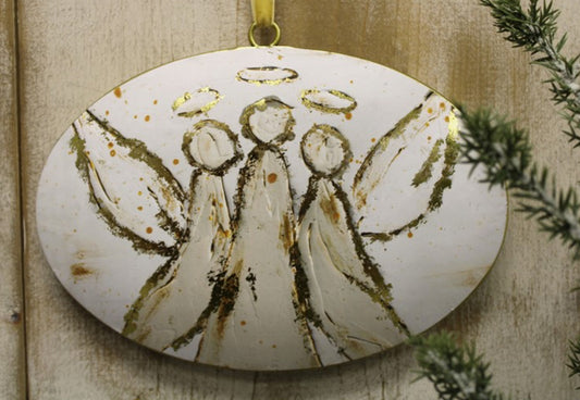6x9" Oval Metal Disc Ornament, Angel Trio w/ Gold Accents