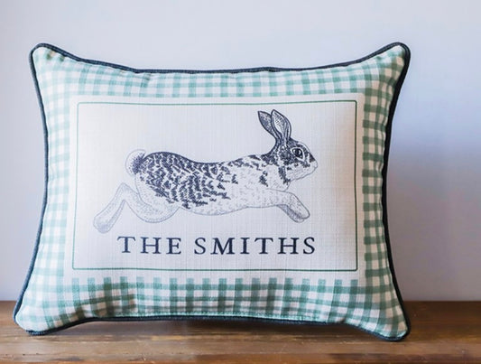 GINGHAM RABBIT FAMILY NAME PILLOW with Charcoal Piping