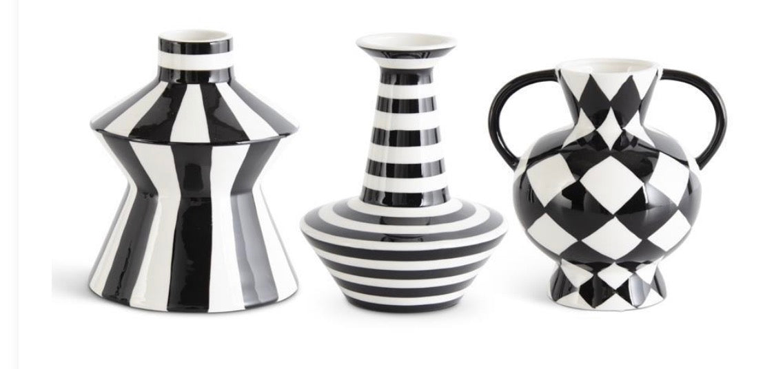 Set of 3 Black & White Ceramic Vases