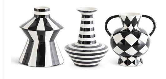 Set of 3 Black & White Ceramic Vases