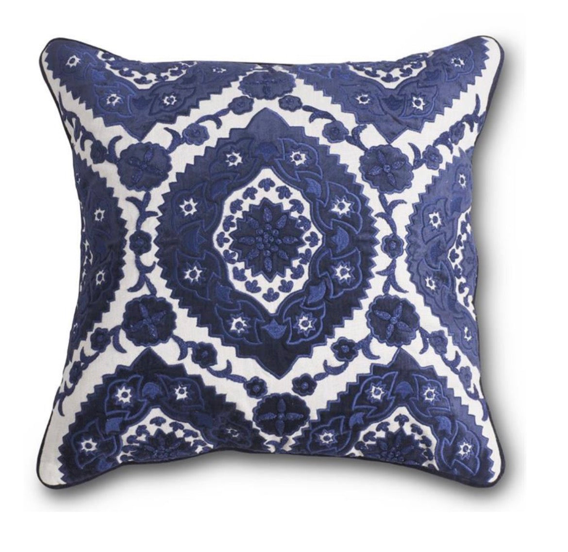 20 Inch Royal Blue Velvet and Linen Embroidered