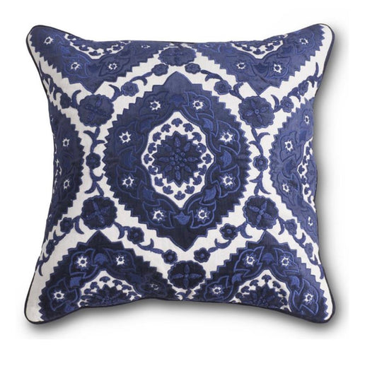 20 Inch Royal Blue Velvet and Linen Embroidered