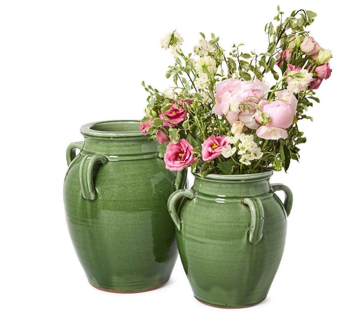 Mediterranean Four Handled Vintage Style Green Glazed Olive Jar - Hand Crafted Ceramic