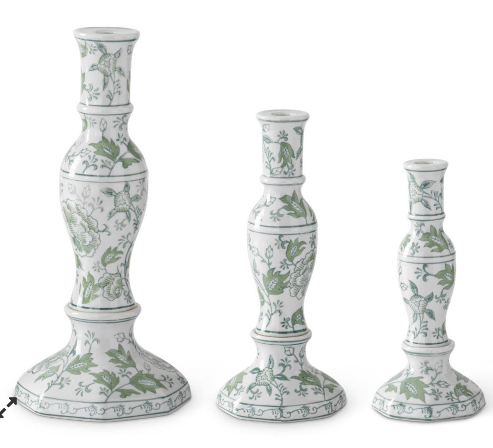 Green & White Floral Ceramic Taper Candleholders