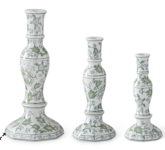 Green & White Floral Ceramic Taper Candleholders