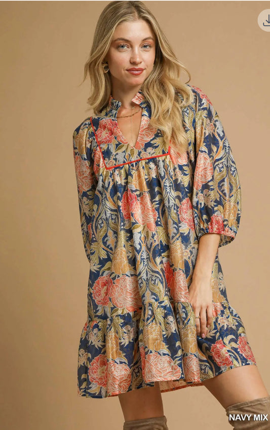 Navy Abstract Print Puff Sleeve Mini Dress