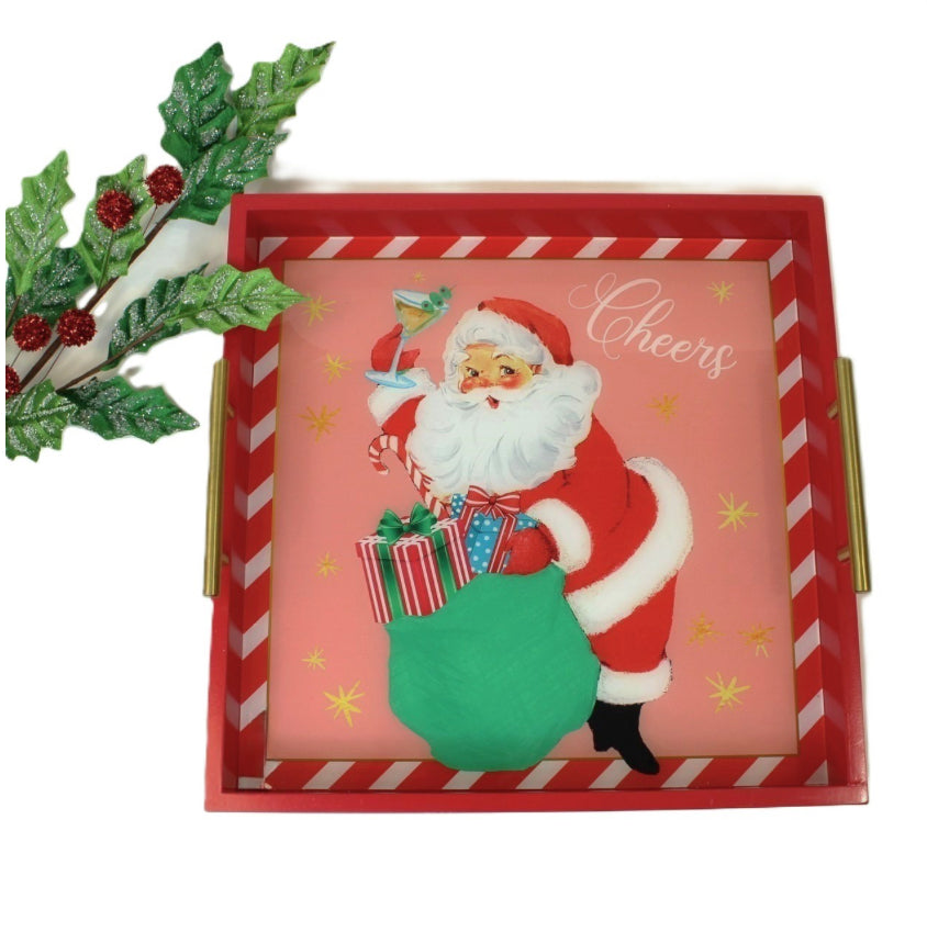 16x16" Wood Tray with Gold Handles, Cheers Santa