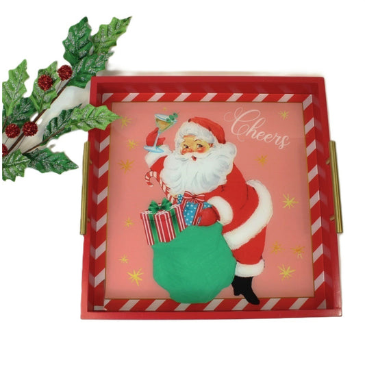 16x16" Wood Tray with Gold Handles, Cheers Santa