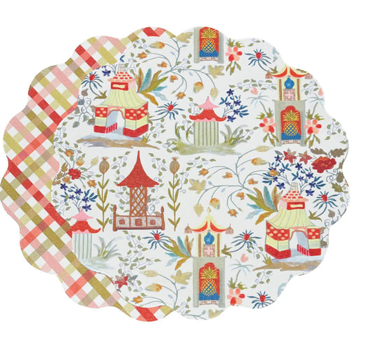 VIDA Pagoda and Carlie Plaid Reversible 15.5 Round Placemats Set of 4 Red & Orange