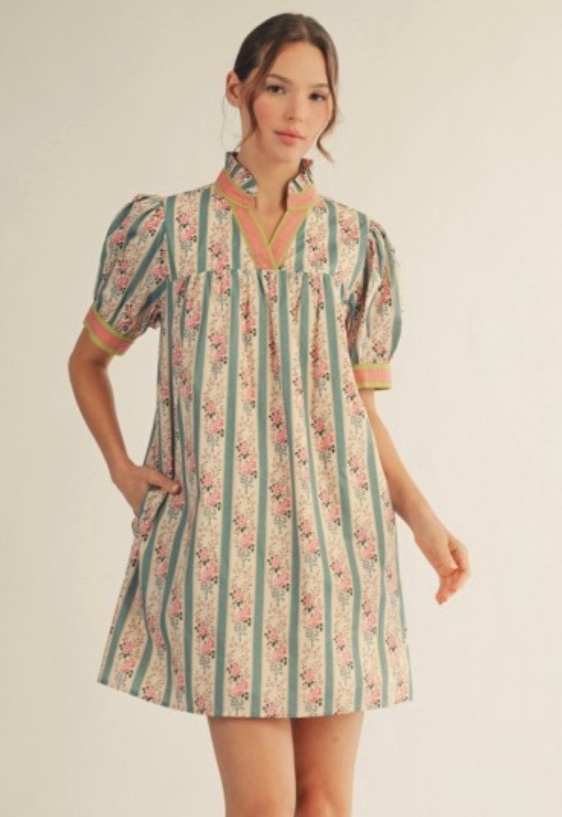 Stripe floral print babydoll dress