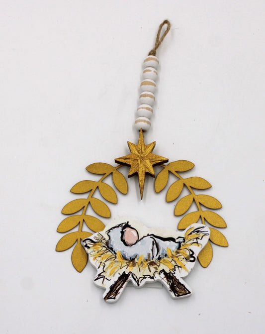 4.7" Cutout Wood Manger Ornament w/ Star, Bead Hanger