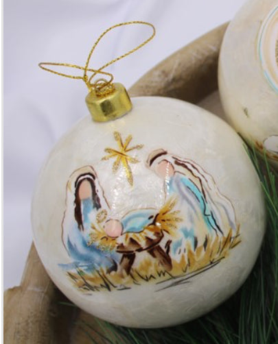 4" Handpainted Capiz Ball Ornament Blue Nativity Scenes