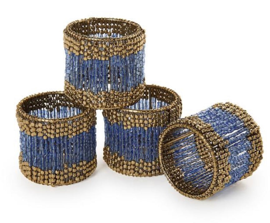 Gilded Blue Hand-Crafted Blue and Gold Beads Napkin Ring Unit