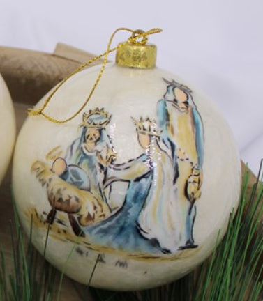 4" Handpainted Capiz Ball Ornament Blue Nativity Scenes