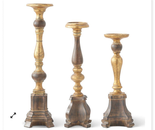 Resin Antique Gold & Wood Tone Candleholders 14”, 18.25”, 22”