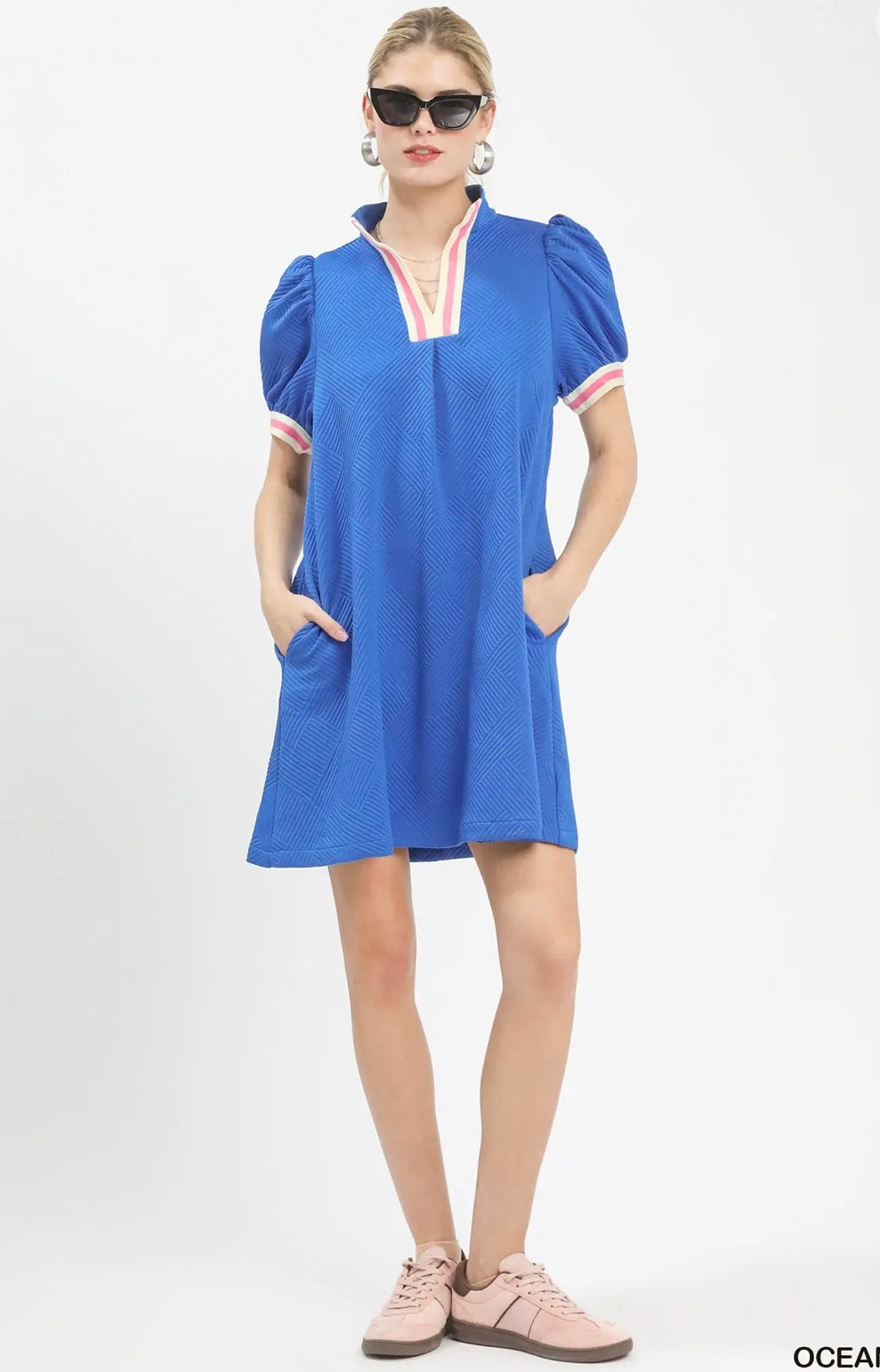 Solid Jacquard Stripe Band Mini Dress