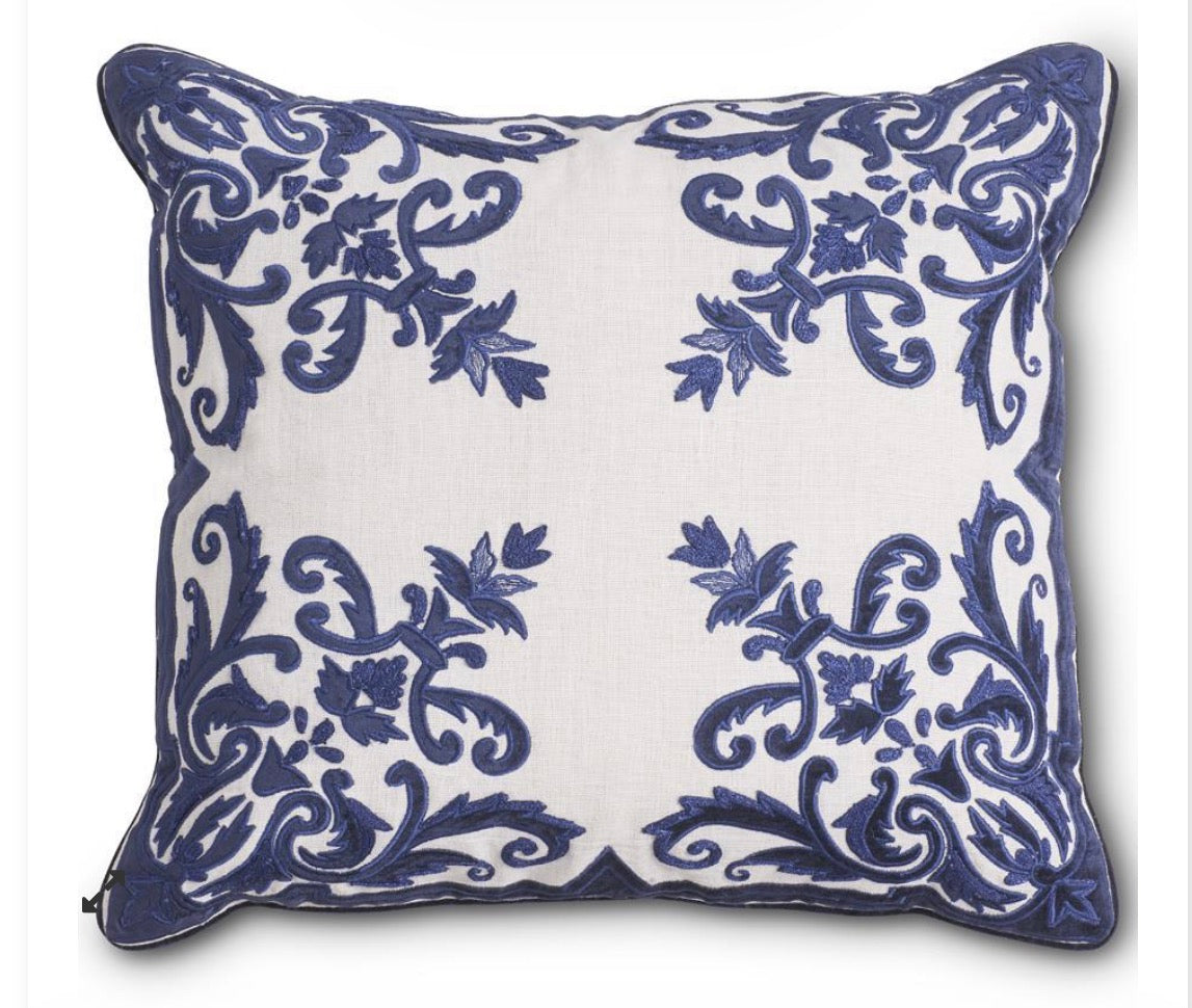 20 Inch Royal Blue Velvet and Linen Embroidered Pillow
