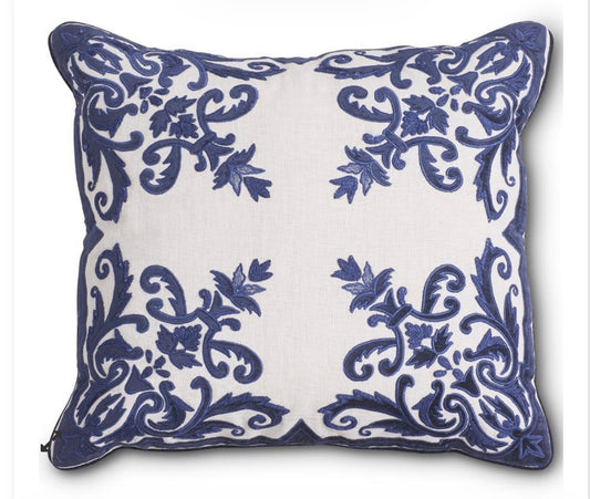 20 Inch Royal Blue Velvet and Linen Embroidered Pillow