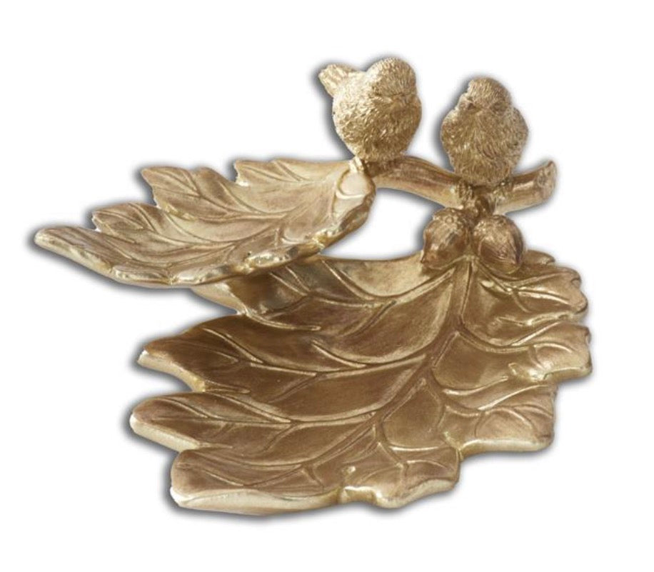 8.5 Inch Gold Resin Leaf Tray w/Birds