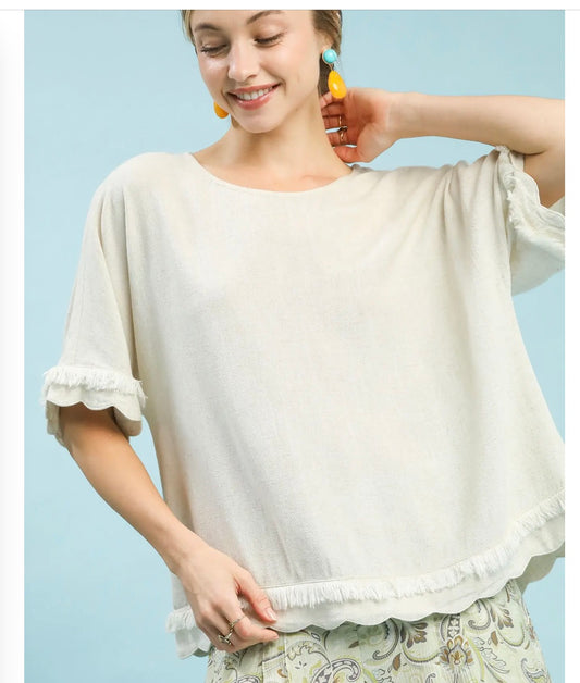 Linen Frayed Hem Scallop Edge Top