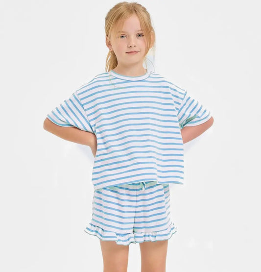 Stripe  Crop Top and Ruffle Shorts Set in Light Blue