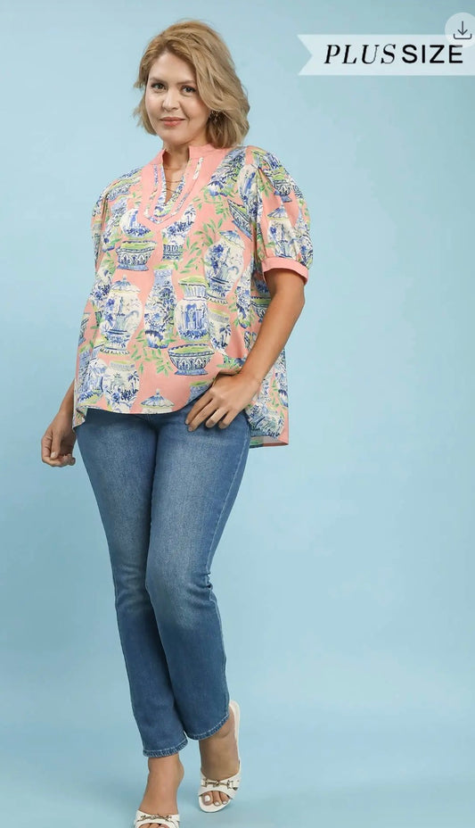 Abstract Print V-Neck Top