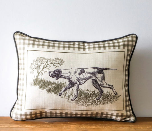 GINGHAM HUNTING DOG PILLOW with Charcoal Piping