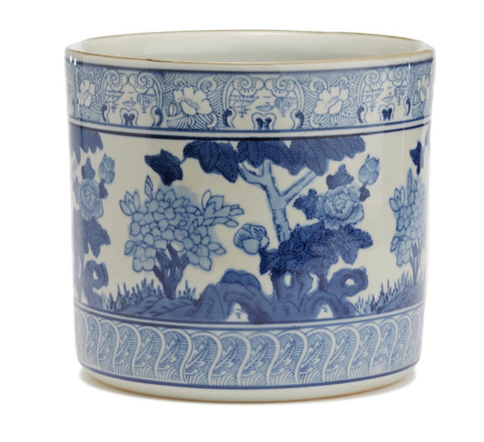 Blue and White Garden Scene Vase/Planter - Hand-Painted Porcelain