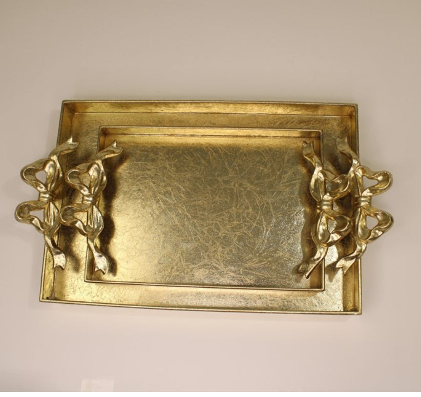 Gilded Gold Metal Trays with Bow Handles, 21x12x4, 17x10x3"