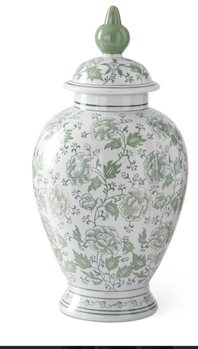 20.75 Inch Green & White Floral Ceramic Ginger Jar