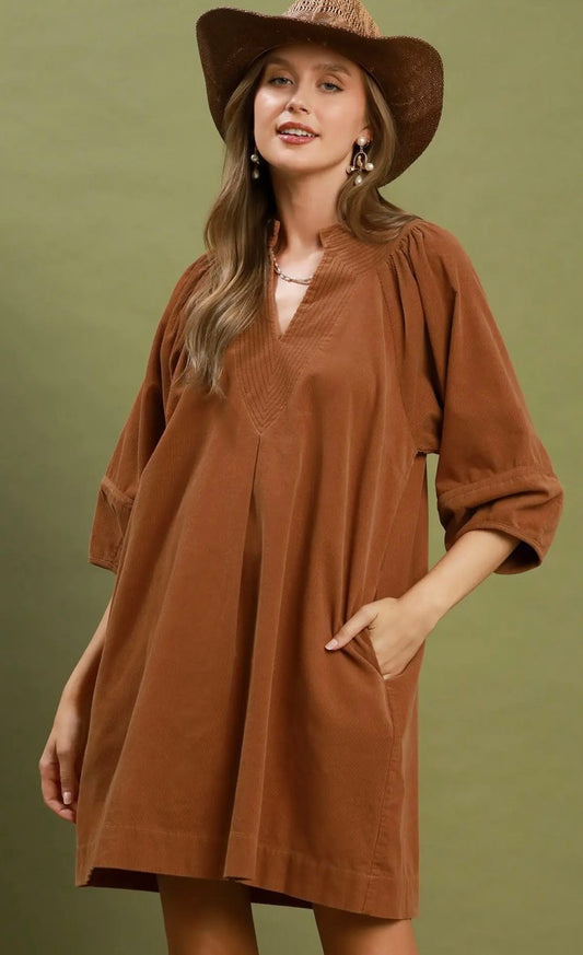 Corduroy V-Neck Puff Sleeve Shift Dress with Pockets