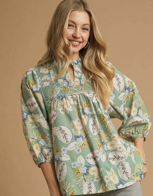 Mix Floral Smocked Blouse in Sage Mix