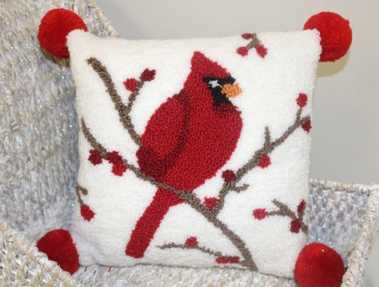 12x12" Hooked Pillow, Cardinal Pom Poms