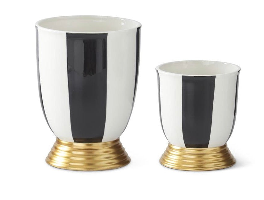 Black & White Striped Ceramic Vases w/Gold