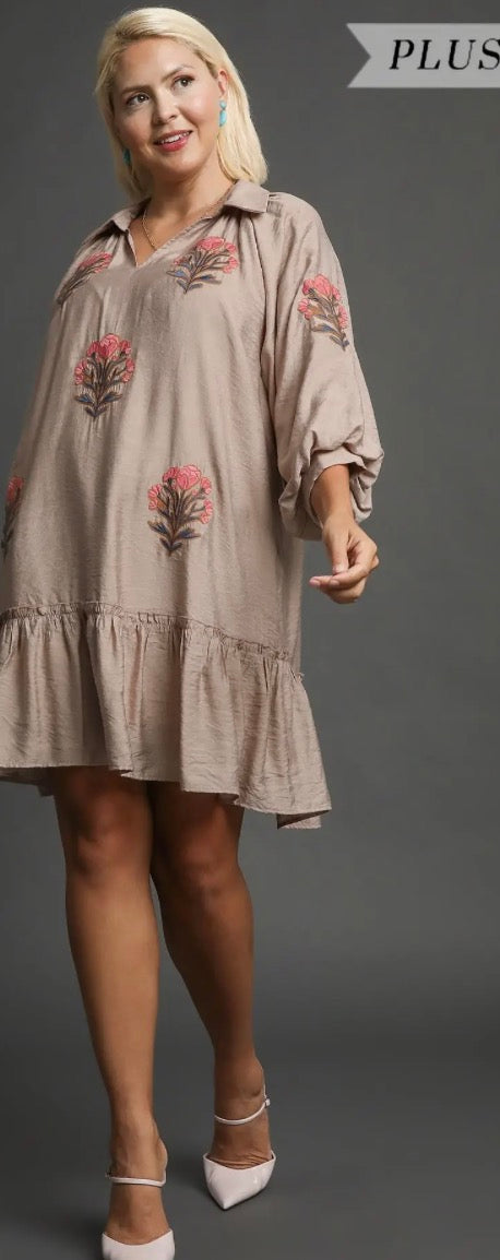Latte Embroidered Floral Boho Ruffle Hem Dress