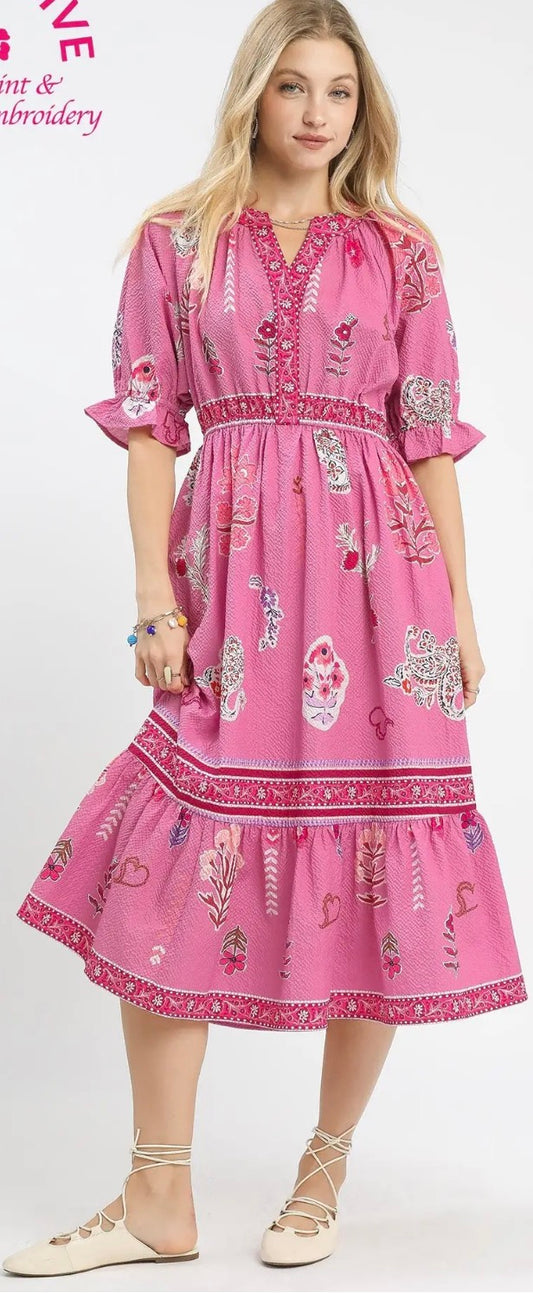 Floral Collage Print V-Neck Midi Dress