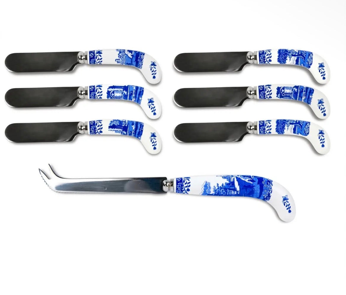 Spode Blue Italian CheeseKnife & 6 Spreaders