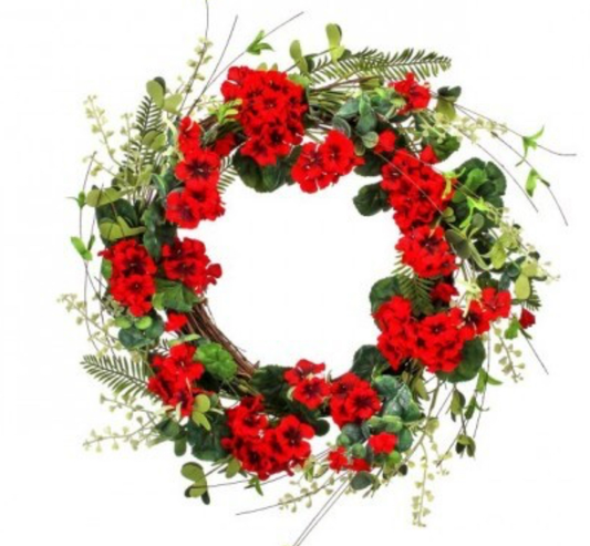 22” geranium/fern/willow wreath