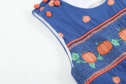 Blue Pumpkin Print Knit Smocked Overalls