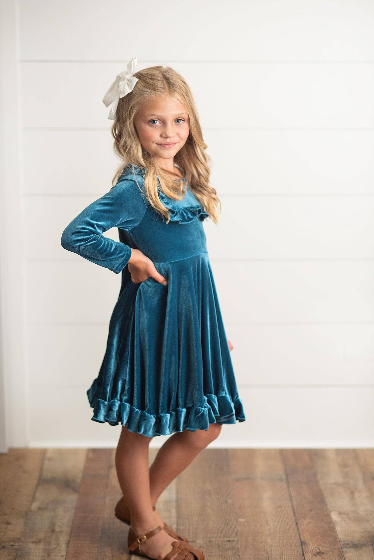 Kids Velvet Teal Ruffle Fancy Winter Christmas Holiday Dress