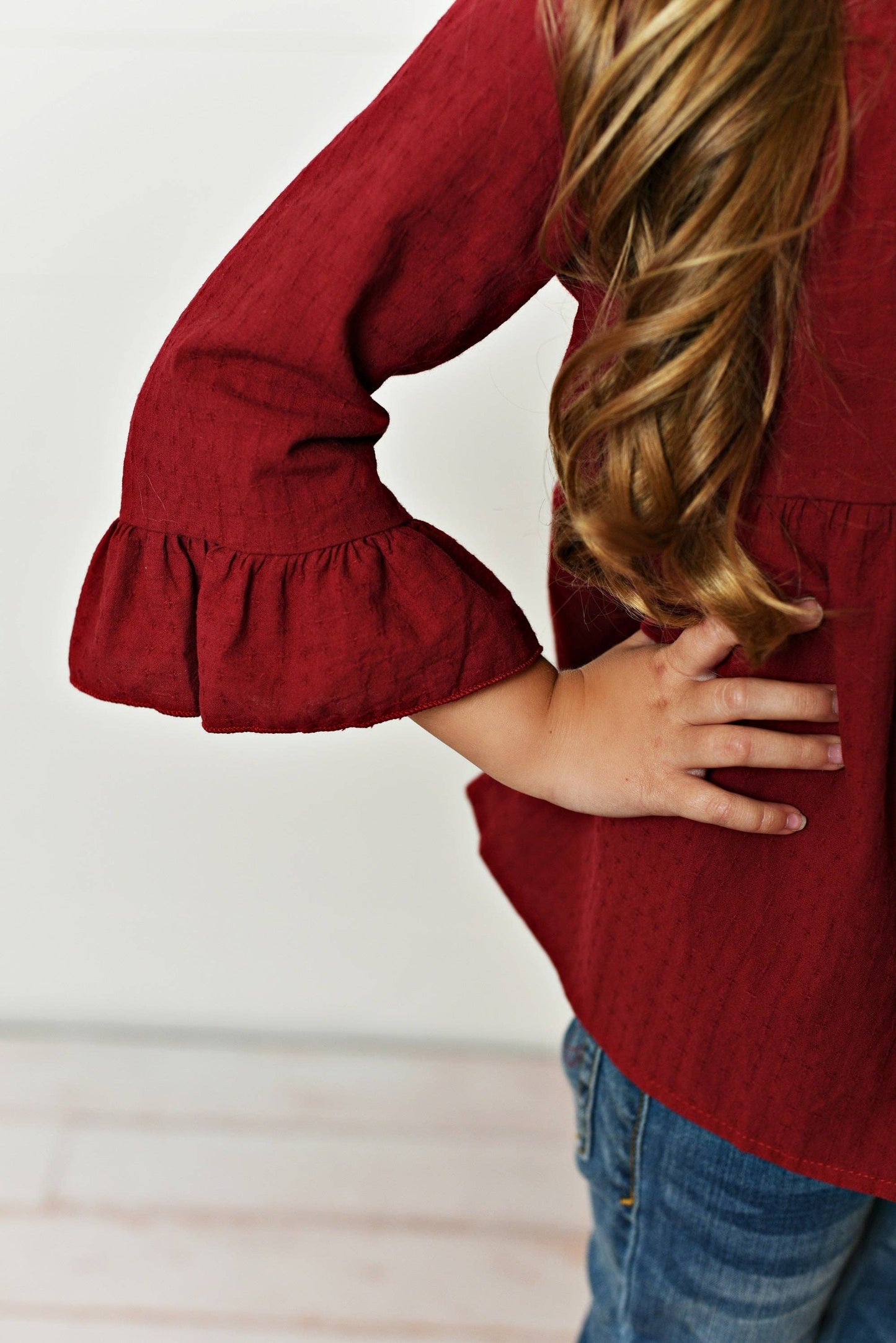 Kids Red Plum Ruffle Long Sleeve Winter Shirt With Buttons